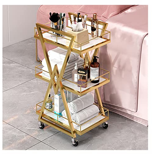 Metallwagen für Salon, Spa, Medizin, Rollservicewagen, Schönheitssalon-Trolley, 3-stöckig, Manikürewagen, Aufbewahrung, rollender Friseurwagen mit Rädern (Farbe: Gold)