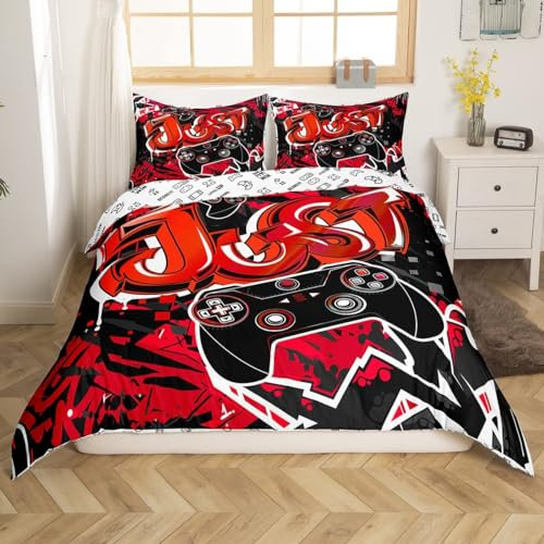 Bettwäsche 155x220 Spielthema Bettbezug Set 3Teilig, Rot-schwarzer Gamer-Controller Bettwäsche-Sets 155x220cm Mikrofaser mit 2 Kissenbezüge 80x80cm, Weiche Atmungsaktive Allergiker Bettdeckenbezug