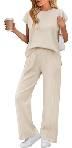 LILLUSORY 2-teiliges Outfit für Damen, gestrickt, leicht, passende Lounge-Sets, Flügelärmel, Oberteil und elastische Bundfaltenhose, Beige, S