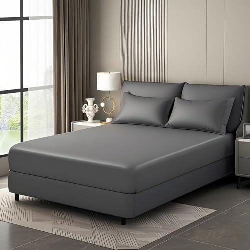 Luowei Satin Spannbettlaken 90x200cm Seidig Kühlend Sommer, Dunkelgrau | Seidiger Glanz Boxspringbett Spannbettlaken, Weich und Komfortabel, mit Rundum-Gummizug für 25-30 cm höhe matratze
