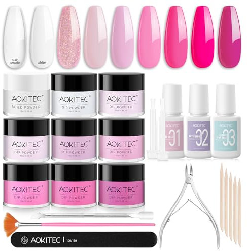Aokitec 23 Stücke Dipping Powder Nails Set mit Build Powder - Rosa Dipping Powder mit Dip Liquid Base Aktivator Top Gels Nageldesign Zubehör, French Nails Nägel Selber Machen Geschenke für Frauen