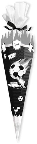 itenga SCHULTÜTEN Bastelset FUSSBALL 68cm - 3D Wellpappe - für echte Fussball Fans in den Farben deines Lieblingsvereins (Schultüte schwarz - Deko schwarz weiss)