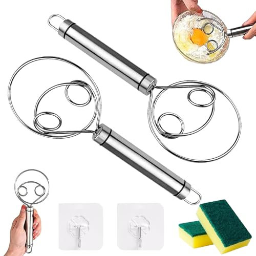 FEXPDL 2 Pieces Dough Whisk, Danish Dough Whisk, Stainless Steel Magic Dough Whisk,Magic Dough Whisk for Baking Bread, Pizza, Cakes, Dough (2 Hooks + 2 Sponges)