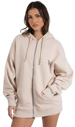 SMILODOX Zip Hoodie Payton - Oversize Fit Damen Sweatshirt, Weiche Baumwollmischung, Komfort & Stil für den Alltag, Schwarz & Weiß, Größe:M, Color:Hellbraun