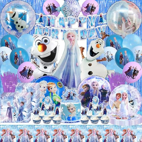 DLLFFB Decoration Anniversaire Reine des Neigs, Set Vaisselle Assiette Reine des Neigs, Deco de Table Anniversaire Froze-Serviettes Nappe Gateau Ballon (Kit Anniversaire Reine des Neigs)