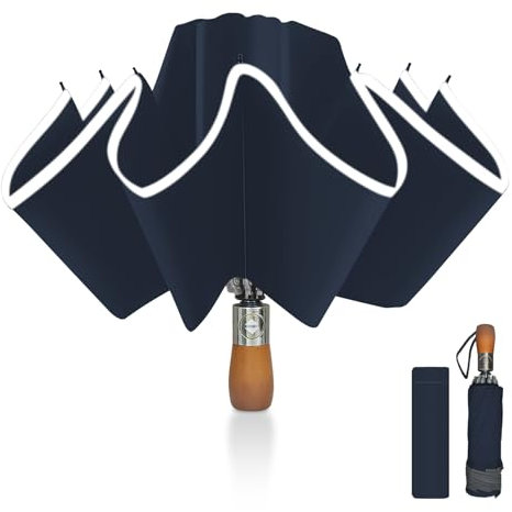 Pioggistar Regenschirm Sturmfest, Taschenschirm für Herren und Damen, Umgekehrter Regenschirme 10 Rippen, Holzgriff Regenschirm, Automatisch Auf und Zu, kompakt, Durchmesser 105 cm, Dunkelblau