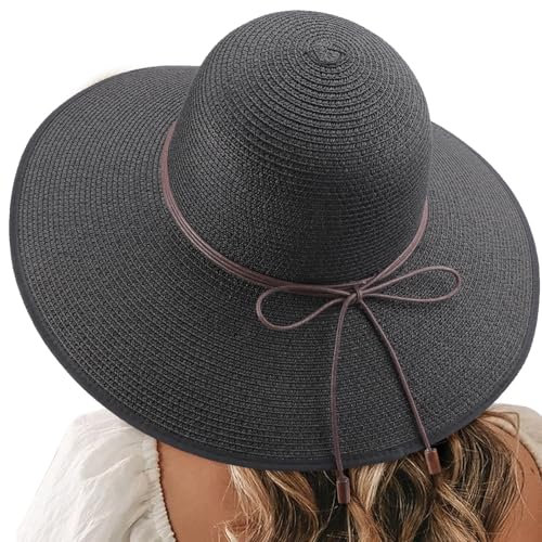 DRESHOW Damen Strohhut mit Breiter Krempe Diskette Faltbare Kappe Strand Sonnenhut UPF 50+