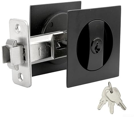 GeRRiT Pocket Door Bathroom Lock,Sliding Pocket Door Bathroom Lock Privacy Set Hook Flush Pull Slide Zinc Chrome Locks Black Square Recessed Sliding