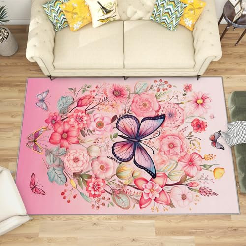 Schmetterling Teppich Mädchen - Teppich Wohnzimmer Schlafzimmer Schmetterling, Kleiner Teppich Rosa Blumen, Weich Kurzflor & Waschbar & rutschfest Fussmatte Innen, Kinderteppich 50x80 cm