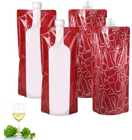 SHANGFENG 4 Pcs Foldable Wine Bag 750ml Portable Drink Pouches Plastic Water Bottle Wine to Go Bag Reusable Plastic Wine Bottle Liquid Leak Proof Flask Holder for Wine Liquor Beverages,Travel