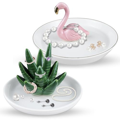 ADNEWX 2 Stk Keramik Ringhalter, Aloe Flamingo Schmuckständer Dekorative Schmuckschale für Ringe Ohrringe Armbänder Hochzeit Geburtstagsgeschenke Heimdekoration