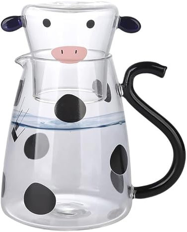 Jarra de agua de vidrio de vaca - Jarra de leche en la cama con taza | Jarra de agua de vidrio de vaca de dibujos animados | Jarra de vidrio de vaca creativa botellas de agua, linda jarra de té de