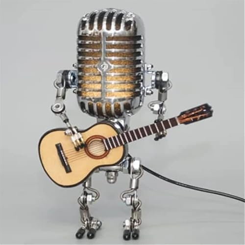Vintage Mikrofon Roboter Schreibtischlampe, Vintage Mikrofon Gitarre Roboter Lampe, Metall Mikrofon Roboter Lampe mit Mini Gitarre, Roboter Touch Dimmer Lampe, Vintage Mikrofon Gitarre Roboter Lampe