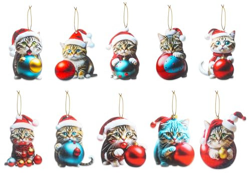 Dmnnlp 10 Stück Weihnachtsbaum Katzen Anhänger, 2D Acryl Weihnachtsdeko Katze, Lustig Weihnachtsbaumschmuck,WeihnachtsanhäNger Deko für Weihnachtsfeier, Christbaumschmuck