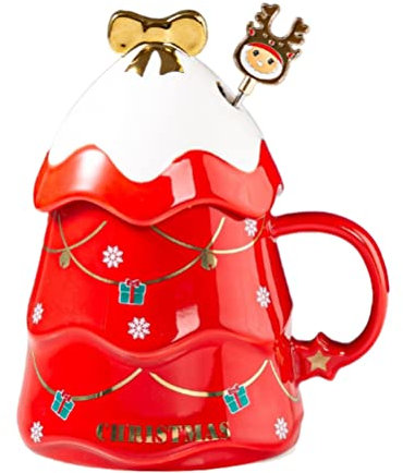 Nurnesy 500ML Christmas Mug Set with Cover and Spoon Ceramic Mug for Mulled Wine Coffee Cocoa Christmas Ceramic Cup (Red)