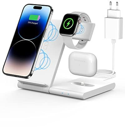Cargador Inalámbrico 3 en 1 para iPhone, Samsung, Apple Watch y AirPods - Estación de Carga Rápida Universal 15W para Múltiples Dispositivos - Soporte Plegable Ideal para Casa, Oficina y Viaje