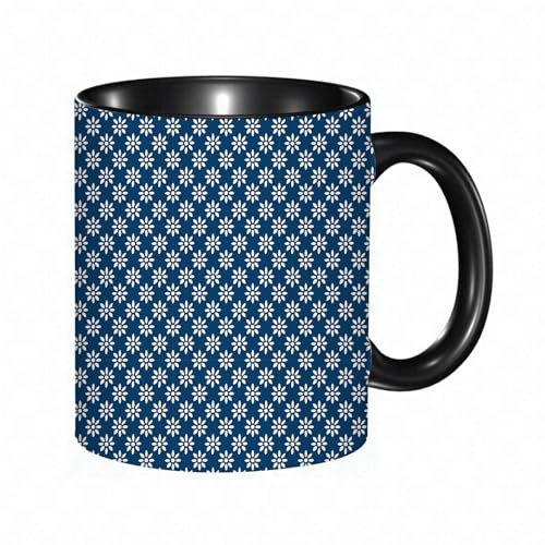 HRRASFAZF Ceramic Coffee/Tea Mug, 11 oz Funny Mugs,Dutch Hand Drawn White Flowers on a Blue Background Classic Delft Pattern,Gifts for Mothers Day,Birthdays,Christmas,Valentines,Anniversaries
