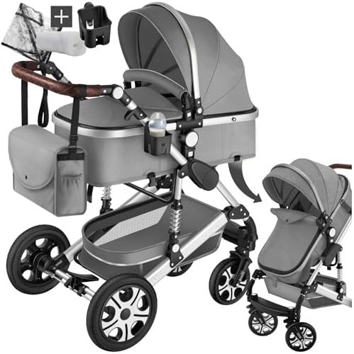 tectake® 2 in 1 Kinderwagen, klappbarer Kinderwagen Buggy mit Liegefunktion, mit Fußsack Kinderwagen, Getränkehalter Kinderwagen, herausnehmbarer Babywanne und Regenschutz Kinderwagen - grau