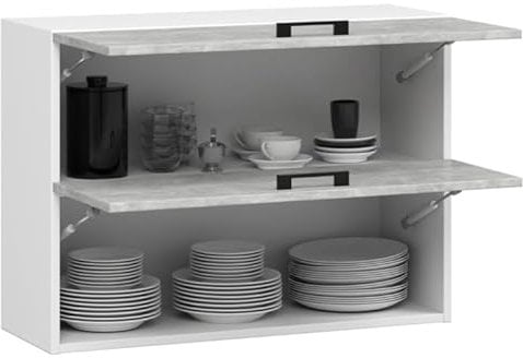 BDW - Armoire de Cuisine Suspendue Double Oliwia G2 W Blanche/Béton 80x30x58cm - Meuble Haut de Cusine – Mural -Complete – Placard Double – Vaiselle – Rangement