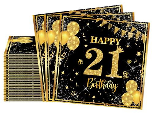 20 Stück Servietten 21. Geburtstag Junge Mädchen, 33x33cm Schwarz Gold Servietten 21, 2-Lagig Cocktail Serviette für Geburtstagsdeko 21 Jahr