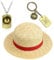 3PCS Anime ombrero de paja amarillo,One P. Collar Llavero,Sombrero paja sombrero de sol,One P.Collar Colgante Llavero,Cospaly Disfraz,Fiesta Hombres y Mujeres Playa Sol Sombrero de Paja (B-31CM)