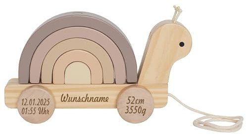 Nachziehtier aus Holz personalisierbar mit Name und Geburtsdaten des Kindes Gravur Holzspielzeug Ziehtier Schnecke ab 18 Monaten