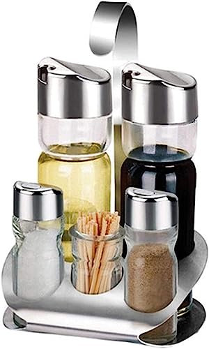Menage-Set aus Edelstahl, 5-teilig, Ölspender, Menage und Salzstreuer mit Standfuß für Kochen, Salat, Grillen – Ideales Küchenzubehör
