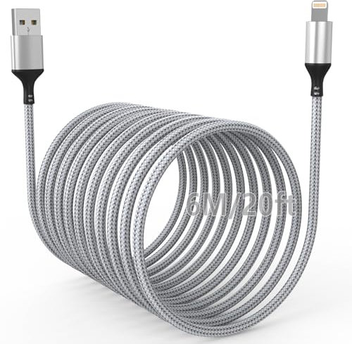 20FT Extra Long USB A to Lightning Charger Cable for iPhone, Apple MFi Certified Charger Cord, 6M Fast Charging Nylon Braided Charge Cord for iPhone 14 Pro Max/14/13Pro/12/11/X/XS/XR/8/7/6/iPad, Grey