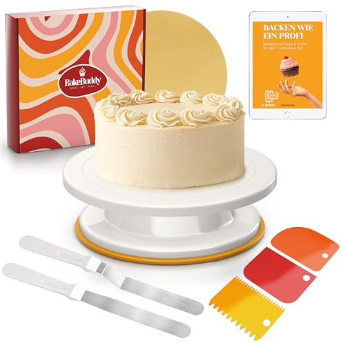 BakeBuddy Torten Drehplatte (28cm) mit Backzubehör – Tortendreher mit Winkelpalette, Palette, Teigschaber & goldener Tortenunterlage - Kuchen Back Utensilien für Anfänger & Profis