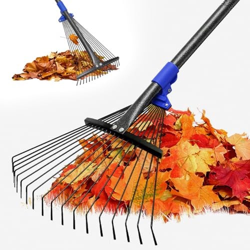 Adjustable Garden Rake for Leaves-Heavy Duty Metal Rake with 8-17 Expandable Head,Long Handle Lawn & Yard for Grass, Shrubs,Flower Beds,Camping,Outdoor Cleaning, Women & Kids
