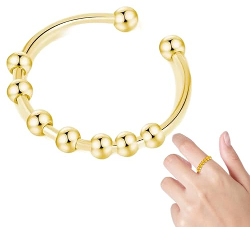 Anxiety Ring Frauen, Anti Stress Ring, Edelstahl-Stressabbauringe, Verstellbare Ringe, Fingerspitzenringe Mit Perlen (Gold)