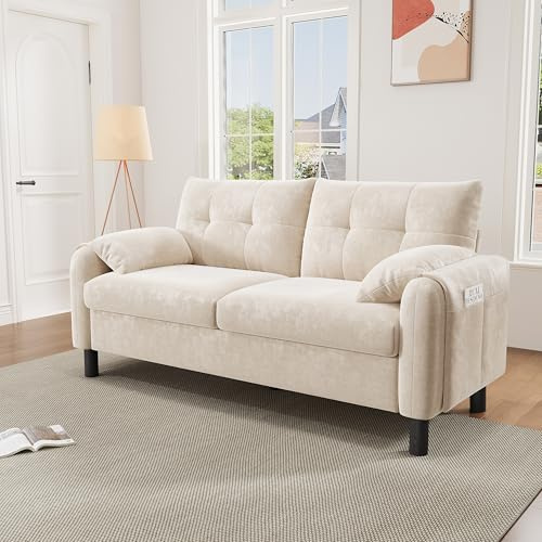 Aceinheu Modernes 2-Sitzer Sofa aus Chenille-Stoff, Polstersofa mit dicken Kissen & Massivholzbeinen, kleines Loveseat für Wohnzimmer & Schlafzimmer, kompaktes Design für Wohnung (Beige, Stil B)