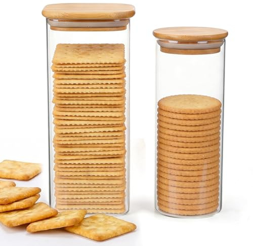 Punorric 2 Pack Cream Cracker Storage Container - Airtight Biscuit Jar Tin, Borosilicate Glass Cookie Jar, Air Tight Food Storage for Snacks,Dry Goods, Nuts, Baking Supplies, spaghetti