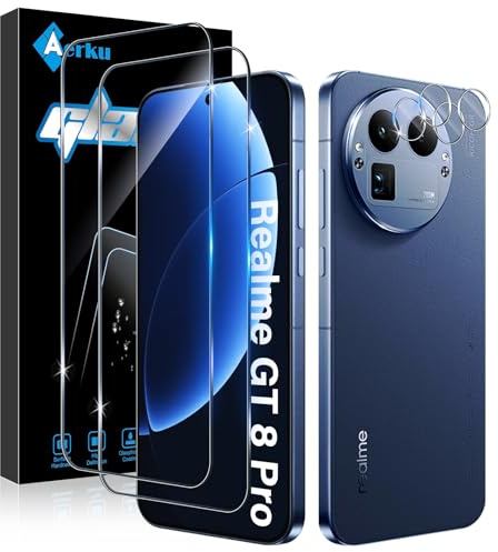 Aerku 2 Piezas Protector de Pantalla para Realme GT 8 Pro 5G con 2 Piezas Protector de Lente de Cámara, 0.33MM Dureza 9H HD Ultra Resistente Cristal Templado