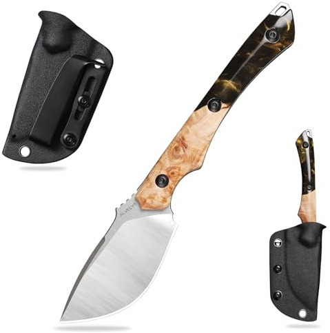 DC53 steel fixed blade，unisex everyday carry knife，Ausgestattet mit einer K-Typ-Hülle,Griff aus Harz-verstärktem Ahornholz，Outdoor-Camping und Reisen , taktisches Wander-Messer (Black and gold handle)