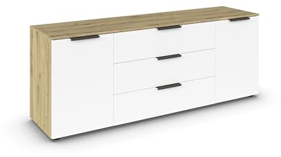 Rauch Möbel Flipp, Kommode, Farbe Weiß/Eiche Artisan, Breite 160 cm | Sideboard, 2-türig, 3 Schubladen, Soft-Close-Funktion, für Schlafzimmer, Gästezimmer, Wohnzimmer, Garderobe, Flur