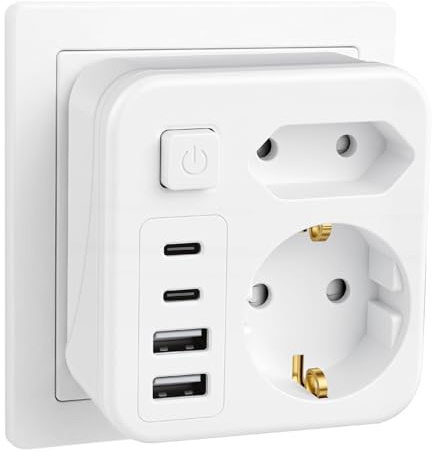 Gaethra 6 in 1 Mehrfachsteckdose Steckdosenadapter mit USB, 2 Fach Steckdosenleiste mit 2 USB A und 2 USB C, 3680W 16A, Mehrfachstecker mit Schalter
