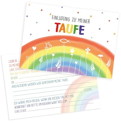 COMOOKA 12x Taufe Einladung Regenbogen Einladungskarten Taufe mit Umschlag | 12 Sets Din-A6 Taufkarten Einladung mit Regenbogen Design, Taufeinladungen für Junge & Mädchen