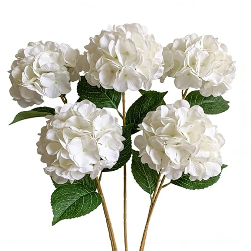5er Set Kunstblumen Hortensien, 45cm, künstliche Hortensien, Real-Touch | Weiß, wie echt, realistische Seidenblumen, für Hochzeitsdeko, Tischdeko, Wohnzimmer & Zuhause