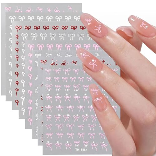 JSRQT Nail Stickers Bow Pink Red, Nail Art Stickers Decals for Women Girls, DIY Self Adhesive Small Manicure Design Accessories Decoration Supplies (8 Sheets)