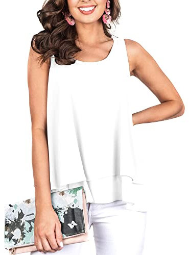 Floral Find Damen Chiffon Layered Tank Tops Sommer Ärmellos Rundhals Blusen Shirts, C-weiß, Klein