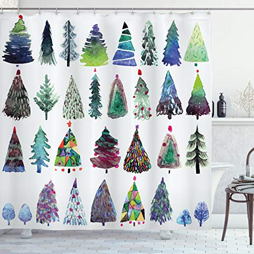 ABAKUHAUS Weihnachten Duschvorhang, Aquarell Tannenbaum, Stoffliches Gewebe Badezimmerdekorationsset mit Haken, 175 x 240 cm, Grün Violettblau
