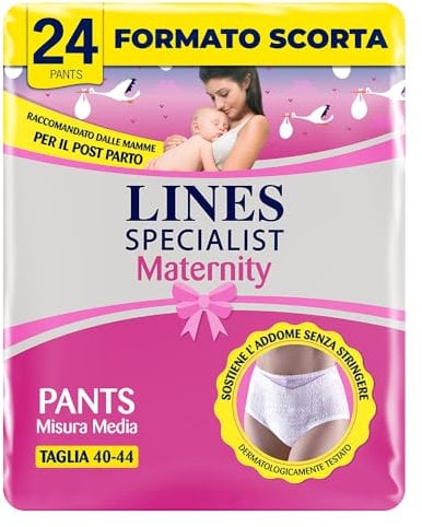 Lines Specialist Maternity - Braguitas absorbentes Lines Maternity Post Parto, con soporte del abdomen y absorción rápida para pérdidas postparto, talla M, paquete de 24 unidades