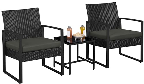 Yaheetech 3-Piece Rattan Garden Furniture Set, 2 Chairs 1 Table, Black/Grey