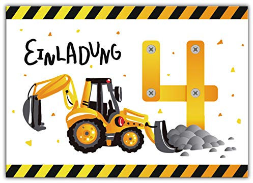 12 Einladungskarten zum 4. vierten Kindergeburtstag Jungen Baustelle Bagger