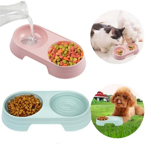 2Pcs Double Cat Bowls Plastic Puppy Cat Food and Water Bowls Set Multi-purpose Cat Dog Food Bowls Kittens Feeder Bowl Dog Water Drinking Feeder for Pet Small Animal (Pink+Light Blue)