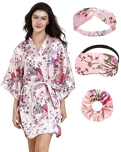 EPLAZA Kimono di raso da donna, abito corto a fiori, damigelle d'onore e indumenti da notte leggeri per la sposa con festa nuziale nuziale（ Rosa，XXL-3XL ）
