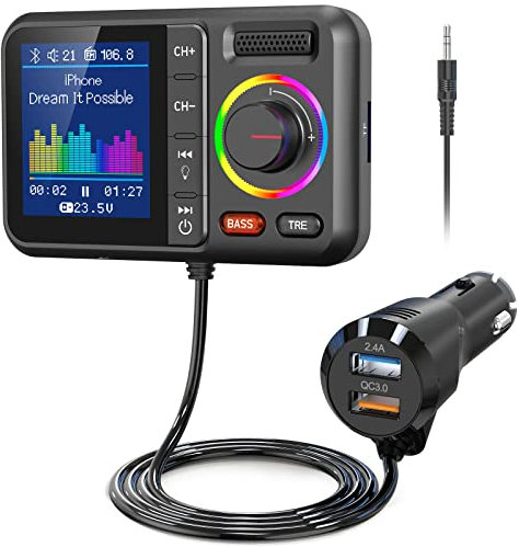 Nulaxy Auto FM Transmitter Bluetooth 5.0 mit großem Farbbildschirm, Unterstützung Freisprecheinrichtung, Siri&Google, MP3-Musikspieler BASS&TRE Booster, TF-Karte/AUX-KM28 Grün