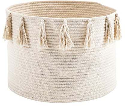 ikasus Groß Aufbewahrungskorb Baumwolle Jute Seil Korb Aufbewahrung Geflochten Wäschekorb im Dekorative Pflanzkorb mit Quaste,Korb für Kinderzimmer Wohnzimmer Badzimmer,(Beige) 45 cm x 30 cm