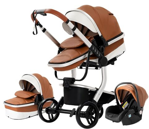Magic ZC PU-Leder Kinderwagen 3 in 1, Kombikinderwagen 3 in 1 Komplettset mit Umkehrbarem Zwei-Wege-Schub, Buggy mit Zubehör Hohe Landschaft, Faltbarem Tragbarem One-Click-Design (518 Khaki)